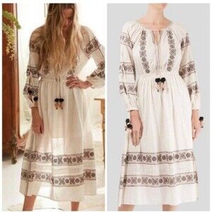 Love Shack Fancy Isla Boho Peasant Embroidered Dress Size M EUC